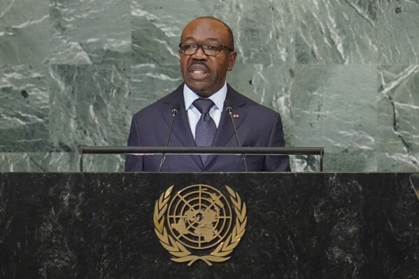 FILE - President of Gabon Ali Bongo Ondimba addresses the 77th session of the United Nations General Assembly, on Sept. 21, 2022 at U.N. headquarters. Gabon’s junta says the country’s ousted President Ali Bongo Ondimba, who has been under house arrest since he was deposed last week, is now freed and can travel on a medical trip. The junta said this on Wednesday just as it has met with various local and regional authorities, promising a better life for Gabonese. (AP Photo/Mary Altaffer, File)