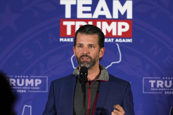 FILE - Donald Trump Jr., speaks at a rally for his father, Republican presidential candidate former President Donald Trump, in Laconia, N.H., Jan. 22, 2024. Emergency crews responded Mondaym Feb. 26, after a letter containing an unidentified white powder was sent to the Florida home of Donald Trump Jr. (AP Photo/Matt Rourke)