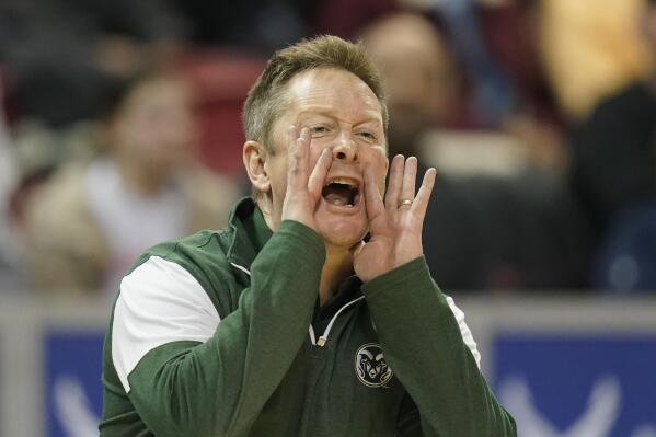 Colorado State head coach Niko Medved shouts to his team during the second half of an NCAA college basketball game against San Diego State in the semifinals of Mountain West Conference men's tournament Friday, March 11, 2022, in Las Vegas. (AP Photo/Rick Bowmer)