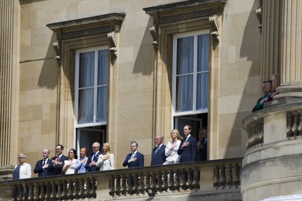 White House Senior Adviser Stephen Miller Stephen Miller, second from left, Treasury Secretary Steve Mnuchin, third from left, and Senior White House Advisors Ivanka Trump, second from right, and Jared Kushner, right, hold their hands over their hearts during the playing of the U.S. national anthem during a ceremony to welcome President Donald Trump at Buckingham Palace, Monday, June 3, 2019, in London. (AP Photo/Alex Brandon)