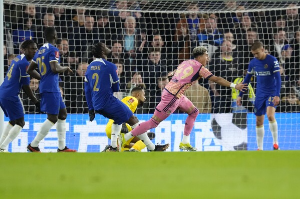 Leeds United's Mateo Joseph celebrates after scoring his side's first goal during the English FA Cup fifth round soccer match between Chelsea and Leeds United at Stamford Bridge stadium in London, Wednesday, Feb. 28, 2024. (AP Photo/Kirsty Wigglesworth)