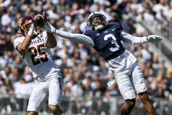 Penn State cornerback Johnny Dixon (3) breaks up a pass intended for Central Michigan wide receiver Noah Koenigsknecht (25) during the second half of an NCAA college football game, Saturday, Sept. 24, 2022, in State College, Pa. (AP Photo/Barry Reeger)