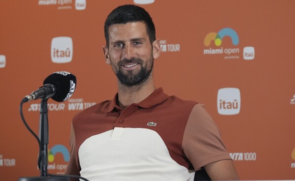 Novak Djokovic, of Serbia, speaks during a news conference at the Miami Open tennis tournament, Thursday, March 20, 2025, in Miami Gardens, Fla. (AP Photo/Lynne Sladky)