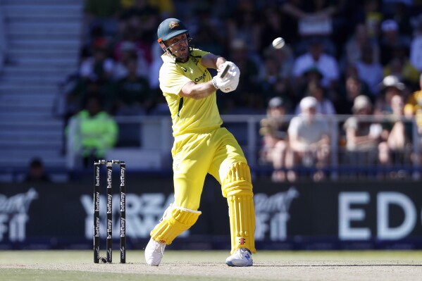 Australia's Mitchell Marsh plays a shot during the fifth and final ODI cricket match between South Africa and Australia at the Wanderers Stadium in Johannesburg, South Africa, Sunday, Sept. 17, 2023. (AP Photo)