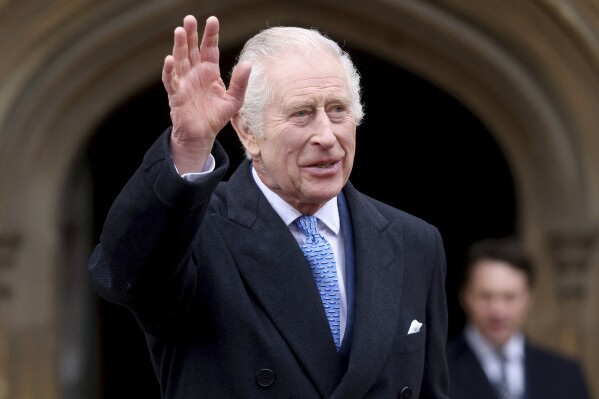 FILE - Britain's King Charles III waves as he leaves after attending the Easter Matins Service at St. George's Chapel, Windsor Castle, England, March 31, 2024. Buckingham Palace says King Charles III will resume his public duties next week following treatment for cancer. The announcement on Friday April 26, 2024, comes almost three months after Charles took a break from public appearances to focus on his treatment for an undisclosed type of cancer. (Hollie Adams/Pool Photo via AP, File)