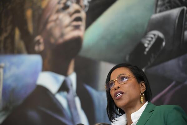 Ilyasah Shabazz, a daughter of Malcolm X, speaks during a news conference at the Malcolm X & Dr. Betty Shabazz Memorial and Educational Center in New York, Tuesday, Feb. 21, 2023. Some of Malcom X's family members and their attorneys announced their intent to sue governmental agencies for Malcom X's assassination and the fraudulent concealment of evidence surrounding the murder. In 1965, the minister and civil rights activist was shot to death inside Harlem's Audubon Ballroom in New York. (AP Photo/Seth Wenig)