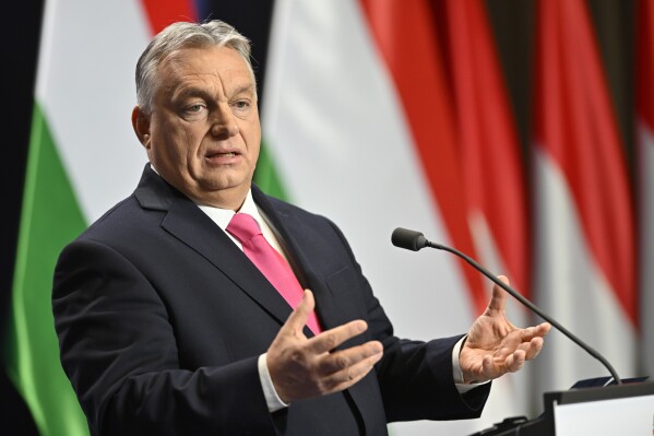 Hungarian Prime Minister Viktor Orban speaks during his annual international press conference in Budapest, Hungary, Thursday, Dec. 21, 2023. (AP Photo/Denes Erdos)