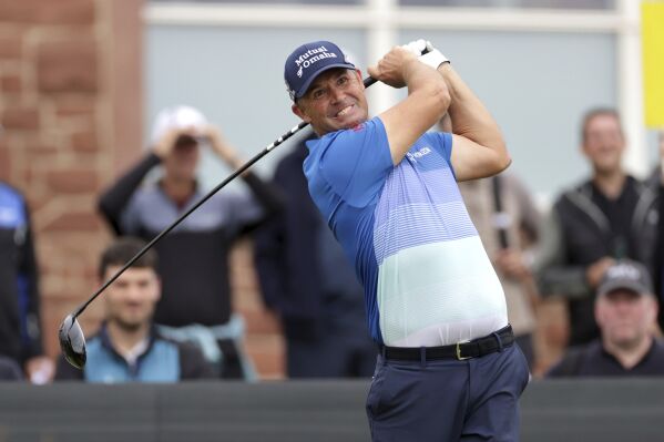 Ireland's Padraig Harrington in action on the third tee during day two of the Genesis Scottish Open 2023 at The Renaissance Club, North Berwick, Scotland, Friday July 14, 2023. (Steve Welsh/PA via AP)