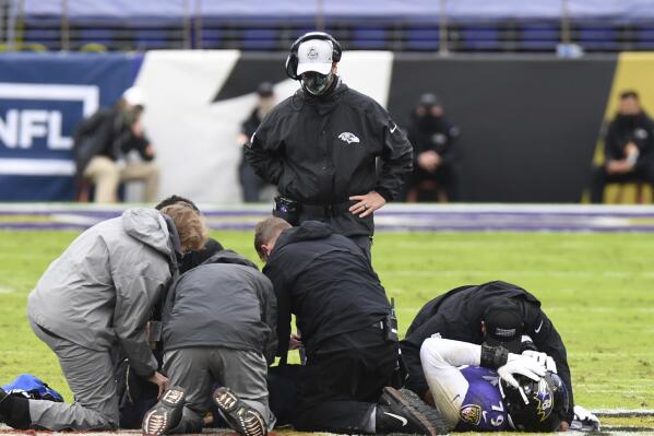 FILE - Baltimore Ravens offensive tackle Ronnie Stanley (79) reacts to first half injury against the Pittsburgh Steelers during an NFL football game, Sunday, Nov. 1, 2020, in Baltimore. DeCosta feels the Ravens have generally been pretty conservative in the draft when it comes to injuries. That's a relevant issue after a decimated Baltimore team dropped six straight at the end of last season to miss the playoffs. The Ravens will certainly hope for better luck in 2022. (AP Photo/Terrance Williams, File)