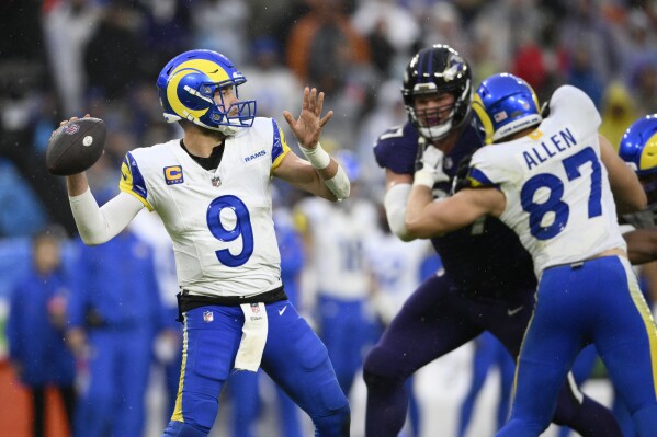 Los Angeles Rams quarterback Matthew Stafford throws the ball against the Baltimore Ravens during the second half of an NFL football game Sunday, Dec. 10, 2023, in Baltimore. (AP Photo/Nick Wass)