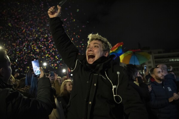 A supporter of the same-sex marriage bill, reacts during a rally at central Syntagma Square, in Athens, Greece, Thursday, Feb. 15, 2024. Greece's lawmakers approved a bill that allows same-sex marriage, making the country the first Orthodox Christian to do so. (APPhoto/Michael Varaklas)