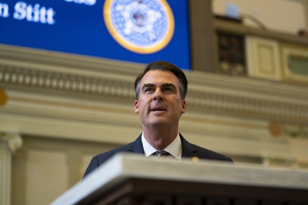 Oklahoma Gov. Kevin Stitt delivers his State of the State address at the Oklahoma State Capitol in Oklahoma City, on Monday, Feb. 5, 2024. (AP Photo/Nick Oxford)
