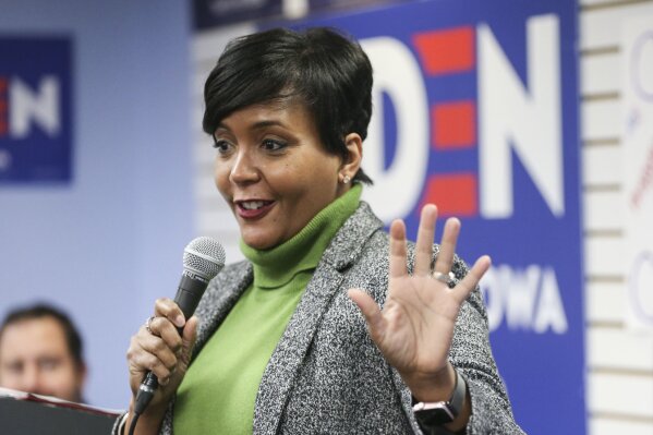 FILE - In this Jan. 10, 2020, file photo, Atlanta Mayor Keisha Lance Bottoms speaks in Cedar Rapids, Iowa. Georgia Gov. Brian Kemp says he's withdrawing a request for an emergency order that would block Atlanta from ordering people to wear masks in public or imposing other restrictions related to the COVID-19 pandemic. A spokesman for Kemp announced late Monday, July 27, that the Republican wanted “to continue productive, good faith negotiations” with the mayor and the City Council. (Rebecca F. Miller/The Gazette via AP, File)
