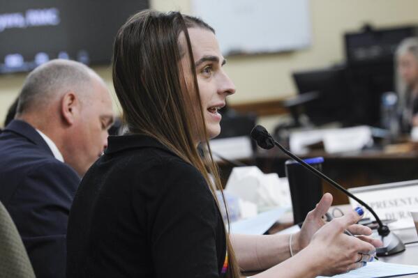 FILE - Rep. Zooey Zephyr, D-Missoula, speaks during a meeting of the House Judiciary Committee in the Montana State Capitol in Helena, Mont. on Monday, May 1, 2023. A nonprofit that launched last year to oppose diversity initiatives in medicine, has evolved into a significant leader in statehouses to ban gender-affirming care for transgender youths, producing model legislation that an Associated Press analysis found has been used in at least three states. (Thom Bridge/Independent Record via AP, File)