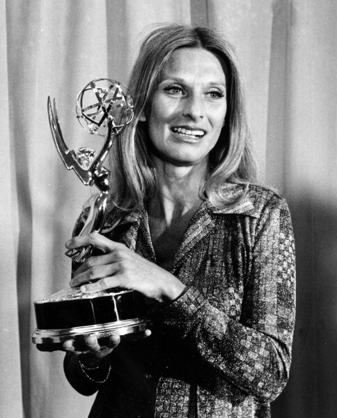 FILE - Cloris Leachman poses with her Emmy award for outstanding single performance by an actress in "A Brand New Life" at the primetime television Emmy Awards presentation in Los Angeles on May 21, 1975. Leachman, a character actor whose depth of talent brought her an Oscar for the "The Last Picture Show" and Emmys for her comedic work in "The Mary Tyler Moore Show" and other TV series, has died. She was 94. (AP Photo, File)