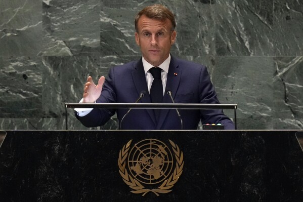 France President Emmanuel Macron addresses the 79th session of the United Nations General Assembly, Wednesday, Sept. 25, 2024. (AP Photo/Richard Drew)
