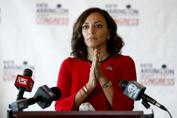 FILE - In this Wednesday, Nov. 7, 2018, file photo, Republican nominee for Congress Katie Arrington concedes the race to Democrat Joe Cunningham during her news conference at the Staybridge Suites in Mount Pleasant, S.C. Arrington, a former South Carolina state lawmaker and failed congressional candidate, has been placed on leave from her Pentagon job during a probe into allegations of an unauthorized release of classified information, her attorney confirmed to The Associated Press, Tuesday, June 29, 2021. (AP Photo/Mic Smith, File)