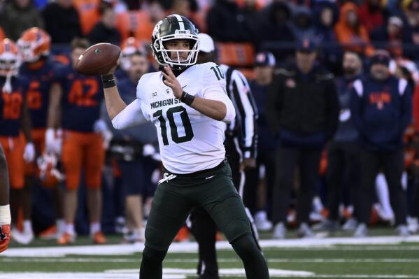 FILE - Michigan State quarterback Payton Thorne (10) looks to pass the ball during the second half of an NCAA college football game against Illinois, Saturday, Nov. 5, 2022, in Champaign, Ill. Former Michigan State quarterback Payton Thorne is headed to Auburn. Auburn announced the signing of the two-year starter on Friday, May 5, 2023, giving new coach Hugh Freeze an experienced quarterback to boost a passing game that ranked among the nation's worst last season.(AP Photo/Matt Marton, File)