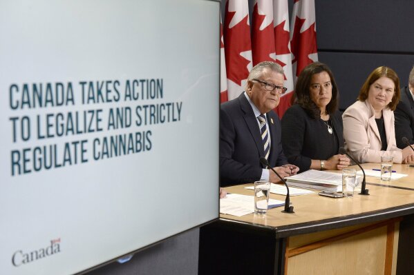 
              FILE - In this April 13, 2017 file photo, Minister of Public Safety and Emergency Preparedness Ralph Goodale, left to right, Justice Minister and Attorney General of Canada Jody Wilson-Raybould, and Health Minister Jane Philpott announce changes regarding the legalization of marijuana during a news conference in Ottawa, Canada. Canada is following the lead of Uruguay in allowing a nationwide, legal marijuana market, although each Canadian province is working up its own rules for pot sales. The federal government and the provinces also still need to publish regulations that will govern the cannabis trade. (Adrian Wyld/The Canadian Press via AP, File)
            