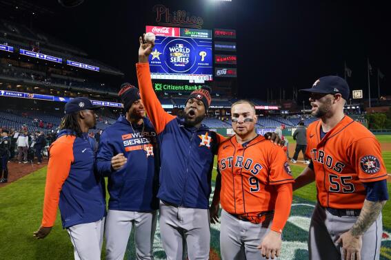 Houston Astross relief pitcher Rafael Montero, relief pitcher Bryan Abreu, starting pitcher Cristian Javier, catcher Christian Vazquez, and relief pitcher Ryan Pressly, from left, celebrate a combined no hitter after Game 4 of baseball's World Series between the Houston Astros and the Philadelphia Phillies on Wednesday, Nov. 2, 2022, in Philadelphia. The Astros won 5-0 to tie the series two games all. (AP Photo/Matt Slocum)
