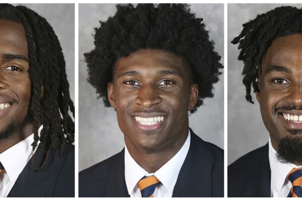 FILE - This combo of undated image provided by University of Virginia Athletics shows NCAA college football players, from left, Devin Chandler, Lavel Davis Jr. and D'Sean Perry. The three Virginia football players were killed in a shooting, Sunday, Nov. 13, 2022, in Charlottesville, Va., while returning from a class trip to see a play. (University of Virginia Athletics via AP, File)