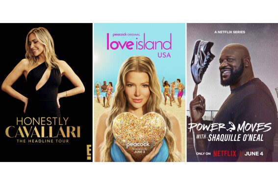 This combination of photos shows promotional art for "Honestly Cavallari: The Headline Tour," left, "Love Island USA," center, and "Power Moves with Shaquille O'Neal." (E!/Peacock/Netflix via AP)