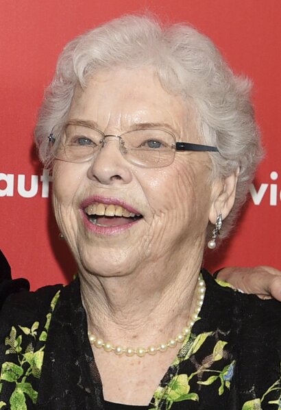 FILE - Joanne Rogers attends a special screening of "A Beautiful Day In The Neighborhood" on Nov. 17, 2019, in New York. Rogers, the widow of Fred Rogers, the gentle TV host who entertained and educated generations of preschoolers on “Mister Rogers’ Neighborhood,” has died. She was 92. (Photo by Evan Agostini/Invision/AP, File)