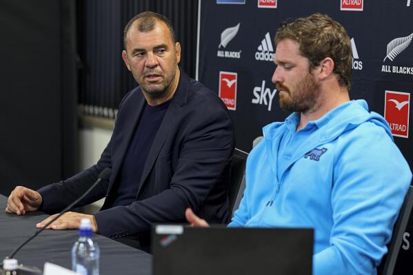 Argentina Head Coach Michael Cheika, left, and captain Julian Montoya address the media following the Rugby Championship test match between the All Blacks and Argentina in Hamilton, New Zealand, Saturday, Sept. 3, 2022. (Bruce Lim/Photosport via AP)