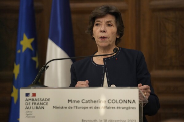 French Foreign Minister Catherine Colonna, speaks during a press conference at the Pine Palace, which is the residence of the French ambassador, in Beirut, Lebanon, Monday, Dec. 18, 2023. (AP Photo/Hussein Malla)