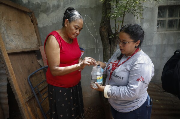 Martha Ocampo drops a capsule of mosquito eggs into a jar of water as directed by a Doctors Without Borders volunteer, as part of a program to help prevent the spread of dengue, in Tegucigalpa, Honduras, Wednesday, Aug. 23, 2023. (AP Photo/Elmer Martinez)