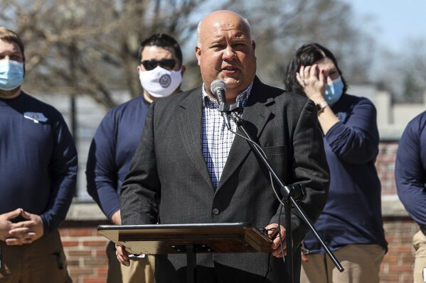 FILE - Smiths Station Mayor Bubba Copeland speaks during the Wednesday, March 3, 2019, tornado remembrance ceremony at Courthouse Square in downtown Opelika, Ala. (Sara Palczewski/Opelika-Auburn News via AP)