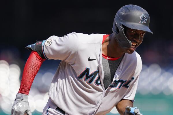 Miami Marlins' Jorge Alfaro celebrates after hitting a two-run