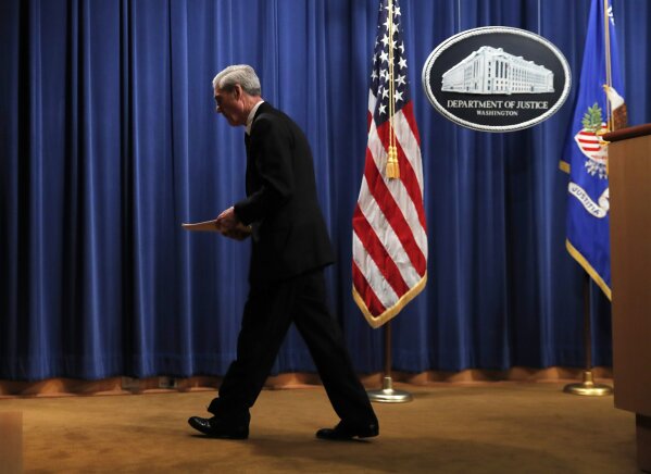 Special counsel Robert Mueller walks from the podium after speaking at the Department of Justice Wednesday, May 29, 2019, in Washington, about the Russia investigation. (AP Photo/Carolyn Kaster)