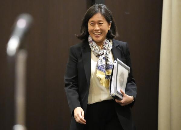 U.S. Trade Representative Katherine Tai arrives at a press conference at the Foreign Correspondents' Club of Japan Thursday, April 20, 2023, in Tokyo. Washington is not seeking to decouple the American economy from China’s, Tai said Thursday while on a visit to Tokyo. (AP Photo/Shuji Kajiyama)
