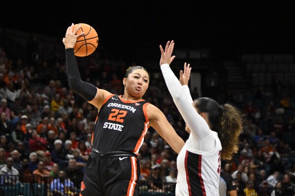 Oregon State guard Talia von Oelhoffen (22) makes a no-look pass against Stanford during the first half of an NCAA college basketball game in the semifinals of the Pac-12 women's tournament Friday, March 8, 2024, in Las Vegas. (AP Photo/David Becker)