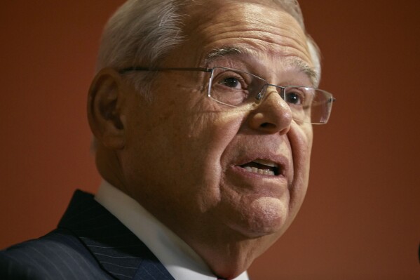 Sen. Bob Menendez speaks during a press conference on Monday, Sept. 25, 2023, in Union City, N.J. Menendez and his wife have been indicted on charges of bribery. (AP Photo/Andres Kudacki)