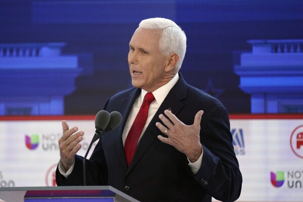 Former Vice President Mike Pence speaks during a Republican presidential primary debate hosted by FOX Business Network and Univision, Wednesday, Sept. 27, 2023, at the Ronald Reagan Presidential Library in Simi Valley, Calif. (AP Photo/Mark J. Terrill)