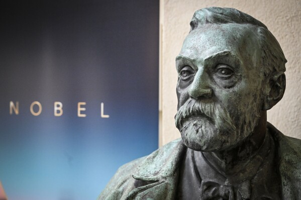 FILE - A bust of Alfred Nobel on display following a press conference to announce the Nobel Committee for Physiology or Medicine, at the Karolinska Institute in Stockholm, Sweden, on Monday, Oct. 3, 2022. The first Nobel Prizes were presented in 1901, five years after Nobel's death. (Henrik Montgomery/TT News Agency via AP, File)