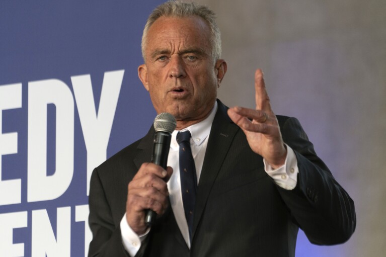 Independent presidential candidate Robert F. Kennedy, Jr. speaks to supporters during an event celebrating Cesar Chavez's birthday, Saturday, March 30, 2024, in Los Angeles. (AP Photo/Richard Vogel)