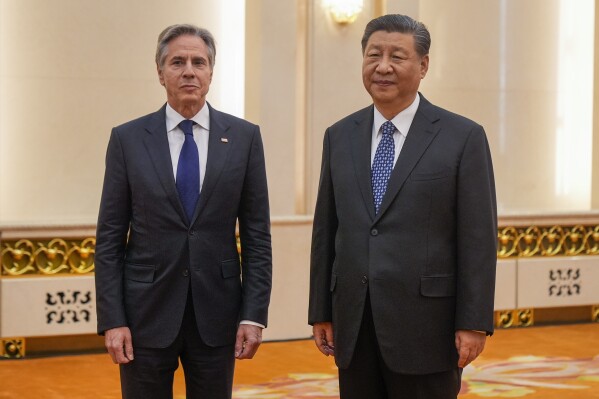 U.S. Secretary of State Antony Blinken meets with Chinese President Xi Jinping at the Great Hall of the People, Friday, April 26, 2024, in Beijing, China. (AP Photo/Mark Schiefelbein, Pool)