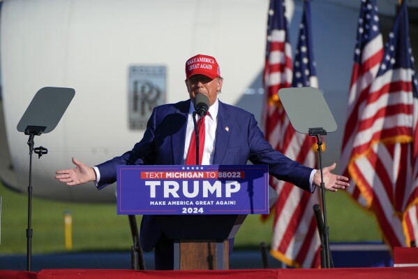 FILE - Republican presidential candidate former President Donald Trump speaks at a campaign rally in Freeland, Mich., May 1, 2024. Trump is heading to the Jersey Shore after a long week in court. (AP Photo/Paul Sancya, File)