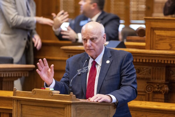 State Sen. Brandon Beach, R-Alpharetta, speaks on SB 244, his bill regarding legal fees, in the Senate at the Capitol in Atlanta on Friday, April 4, 2025. (Arvin Temkar/Atlanta Journal-Constitution via AP)