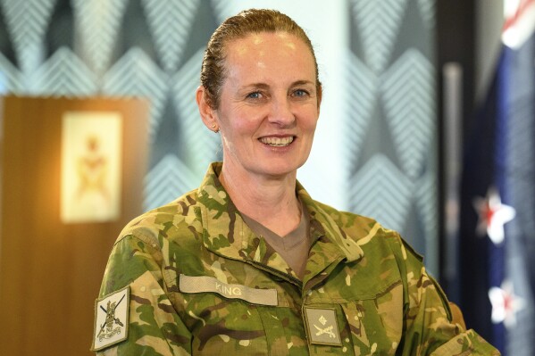 New Zealand's army chief Major General Rose King, the first woman to head a military service in the country, is interviewed by The Associated Press at the defense headquarters in Wellington on Friday, Sept. 20, 2024. (AP Photo/Mark Tantrum)