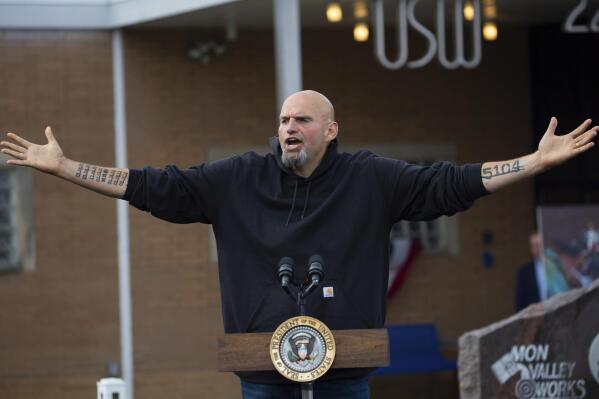 Pa. Lt. Gov. and senatorial candidate John Fetterman speaks to a crowd gathered at aa United Steel Workers of America Labor Day event with President Joe Biden in West Mifflin, Pa., just outside Pittsburgh, Monday Sept. 5, 2022. (AP Photo/Rebecca Droke)