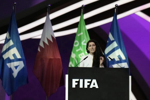 FILE - Norwegian soccer official Lise Klaveness speaks during the FIFA congress at the Doha Exhibition and Convention Center in Doha, Qatar, Thursday, March 31, 2022. Lise Klaveness, one of the few women presidents of a national soccer federation, is standing as a candidate in elections for a seat on the European governing body’s decision-making board, the Norwegian Football Federation said Wednesday, Jan. 18. 2023. (AP Photo/Hassan Ammar, File)