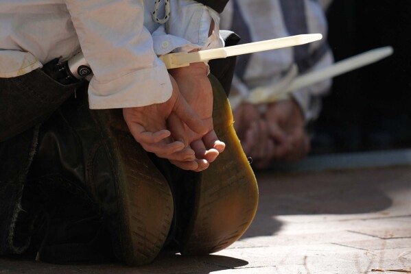 Protesters are handcuffed after being arrested on the campus of Emory University during a pro-Palestinian demonstration Thursday, April 25, 2024 in Atlanta.  (AP Photo/Mike Stewart)