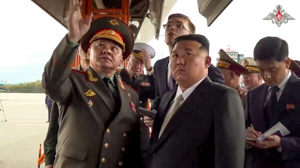 FILE - In this image made from video released by Russian Defense Ministry Press Service, North Korea's leader Kim Jong Un, center right, listens to Russian Defense Minister Sergei Shoigu, left, as he inspects Russian warplanes in Vladivostok, Russia, on Saturday, Sept. 16, 2023. Shoigu has consolidated his position following a brief rebellion launched by Russian mercenary chief Yevgeny Prigozhin, who demanded his ouster. (Russian Defense Ministry Press Service via AP, File)