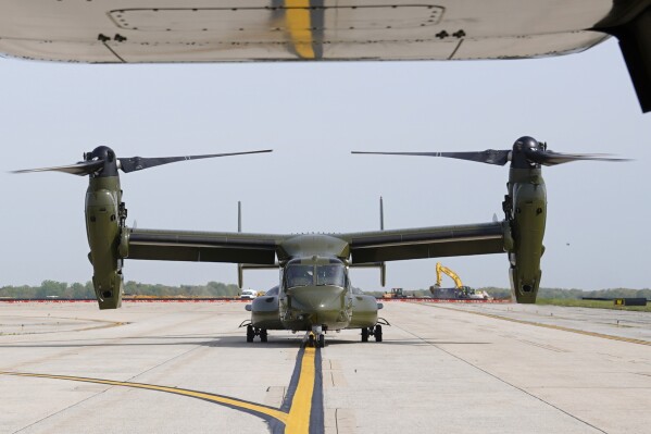 FILE - A U.S. Marine Corps Osprey aircraft taxies behind an Osprey carrying members of the White House press corps at Andrews Air Force Base, Md., April 24, 2021. Over the last two years, four Osprey crashes have killed a total of 20 service members. On Wednesday, June 12, 2024, the House subcommittee on National Security, the Border and Foreign Affairs will hold an oversight hearing into the Osprey's safety record and Pentagon management of the program. (AP Photo/Patrick Semansky, File)