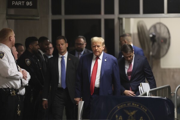 Former U.S. President Donald Trump arrives for his criminal trial at Manhattan criminal court in New York, May 6, 2024. (Brendan McDermid/Pool Photo via AP)