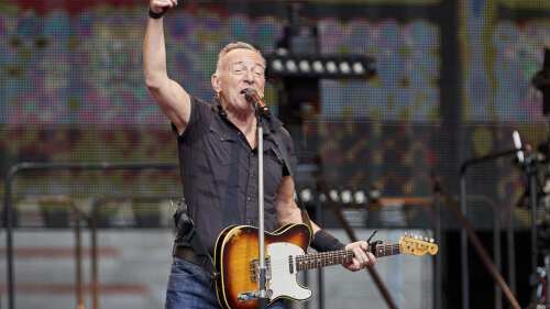 U.S. musician Bruce Springsteen performs on stage at Volkspark Stadium in Hamburg, Germany on Saturday, July 15, 2023. (Georg Wendt/dpa via AP)